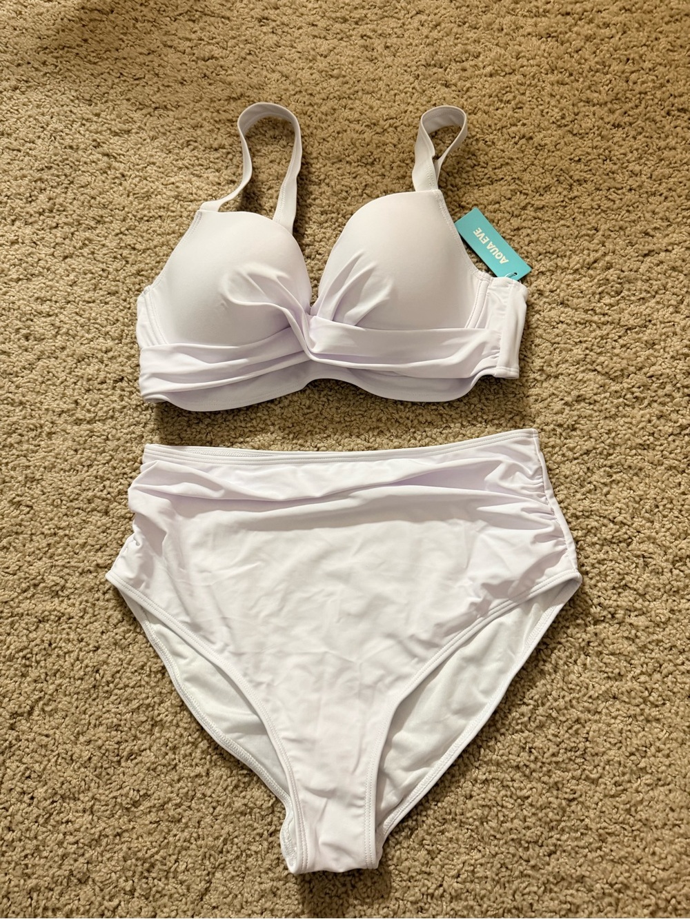 White High-Waist Two-Piece Bikini Set in Light Aqua. Size Medium